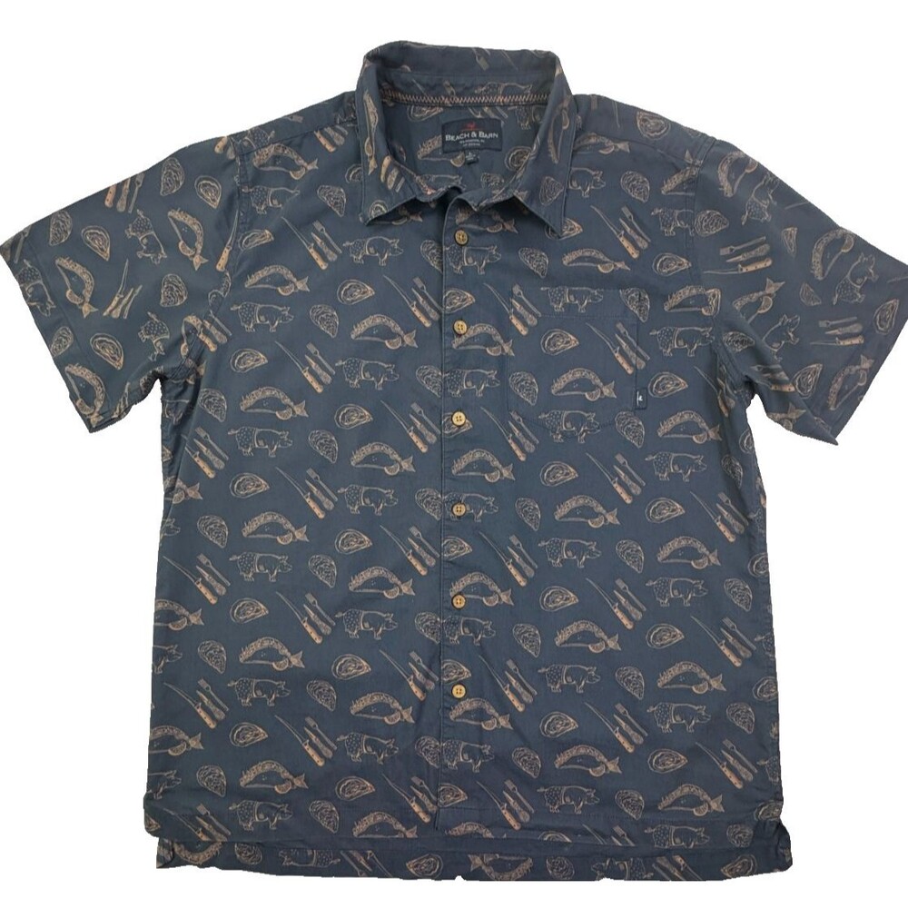 Beach & Barn BBQ Grill Food Novelty Print Short Sleeve Camp Shirt Blue Men's L
